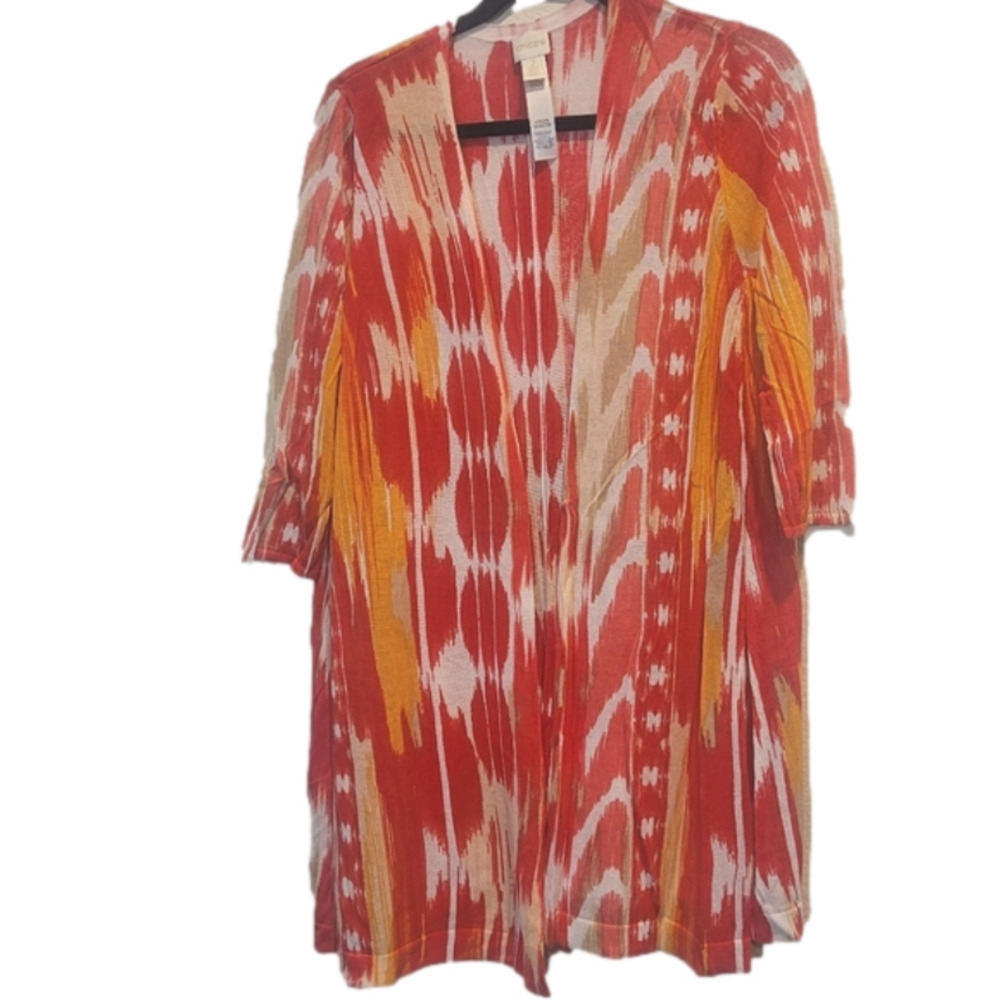 Chico's Orange/Red Abstract Print 3/4 Sleeve Open Front Kimono/Cardigan Size M